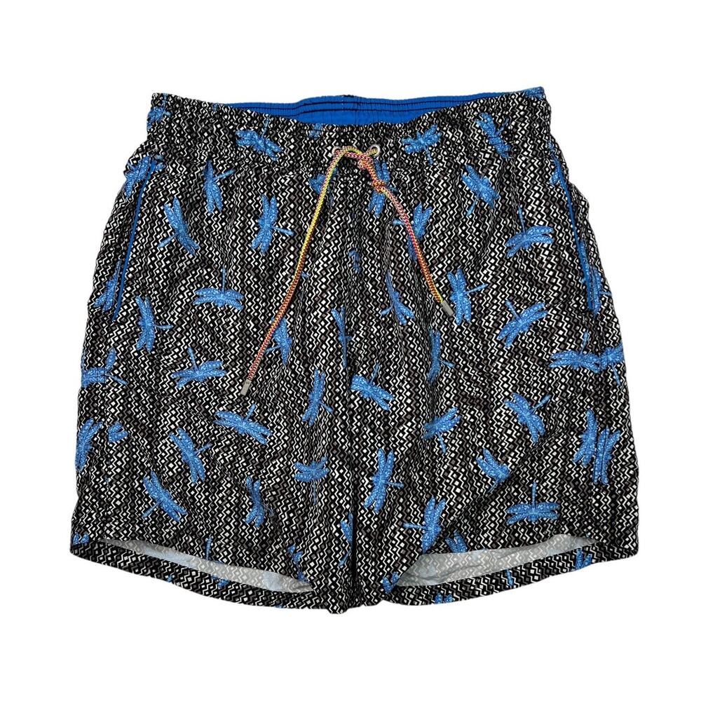 Bugatchi AOP Dragonfly Geometric Built In Brief Swim Trunks Blue Black Medium
